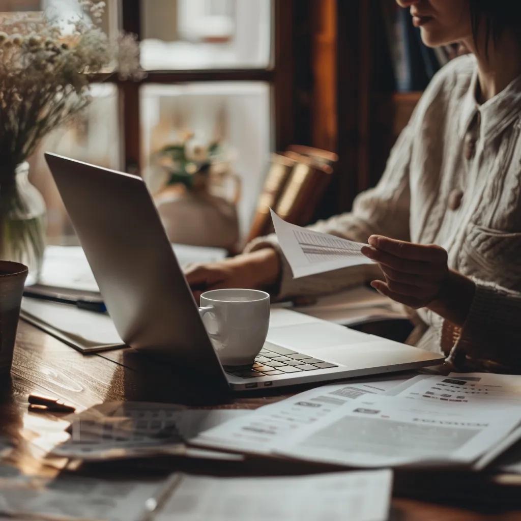 Small business owner preparing documents for a loan application at a cozy desk
