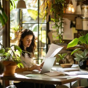 Small business owner reviewing financial documents in a cozy office on the Sunshine Coast