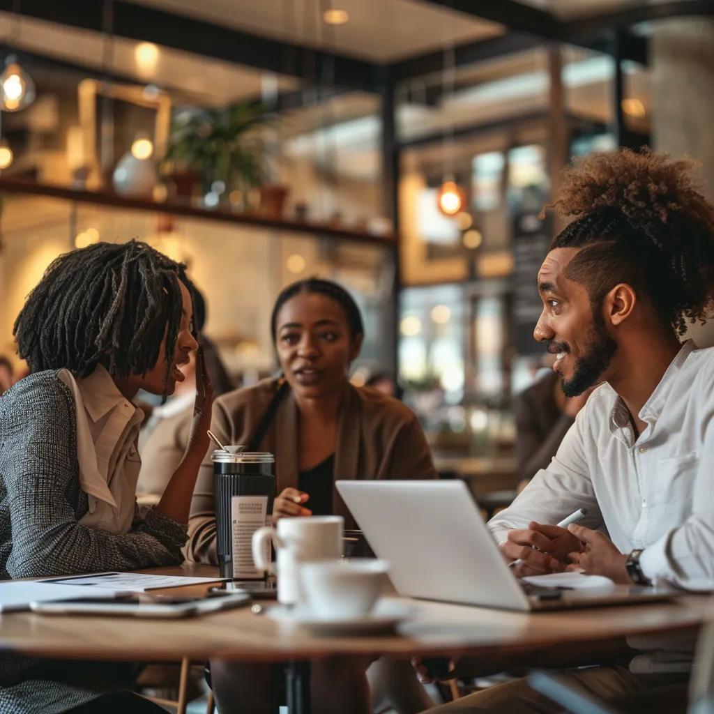 Small business owners discussing financing options with a financial advisor in a café