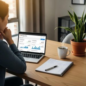 Person comparing mortgage rates online in a modern home office