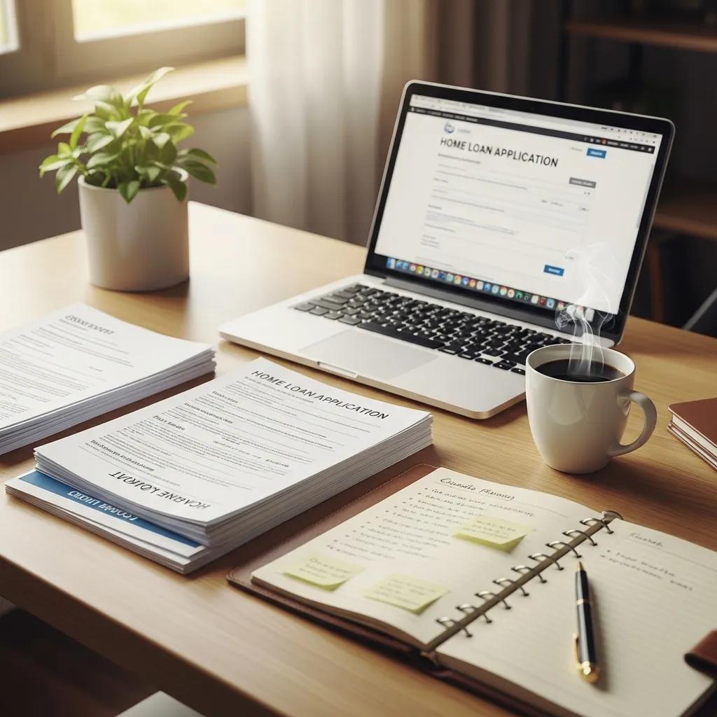 Workspace with documents for home loan application preparation