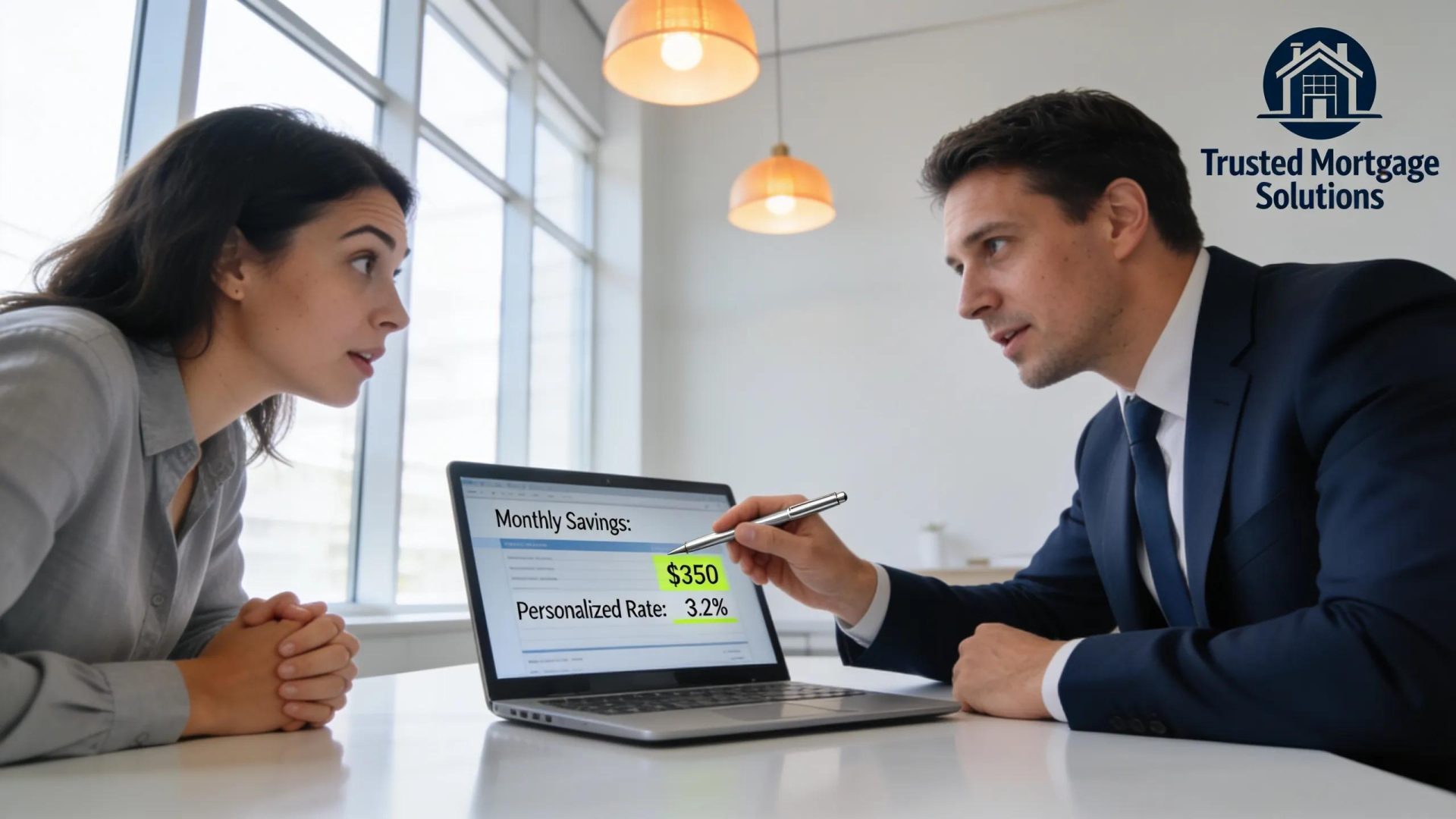 Mortgage broker assisting a client with financial documents, highlighting savings and personalized mortgage solutions