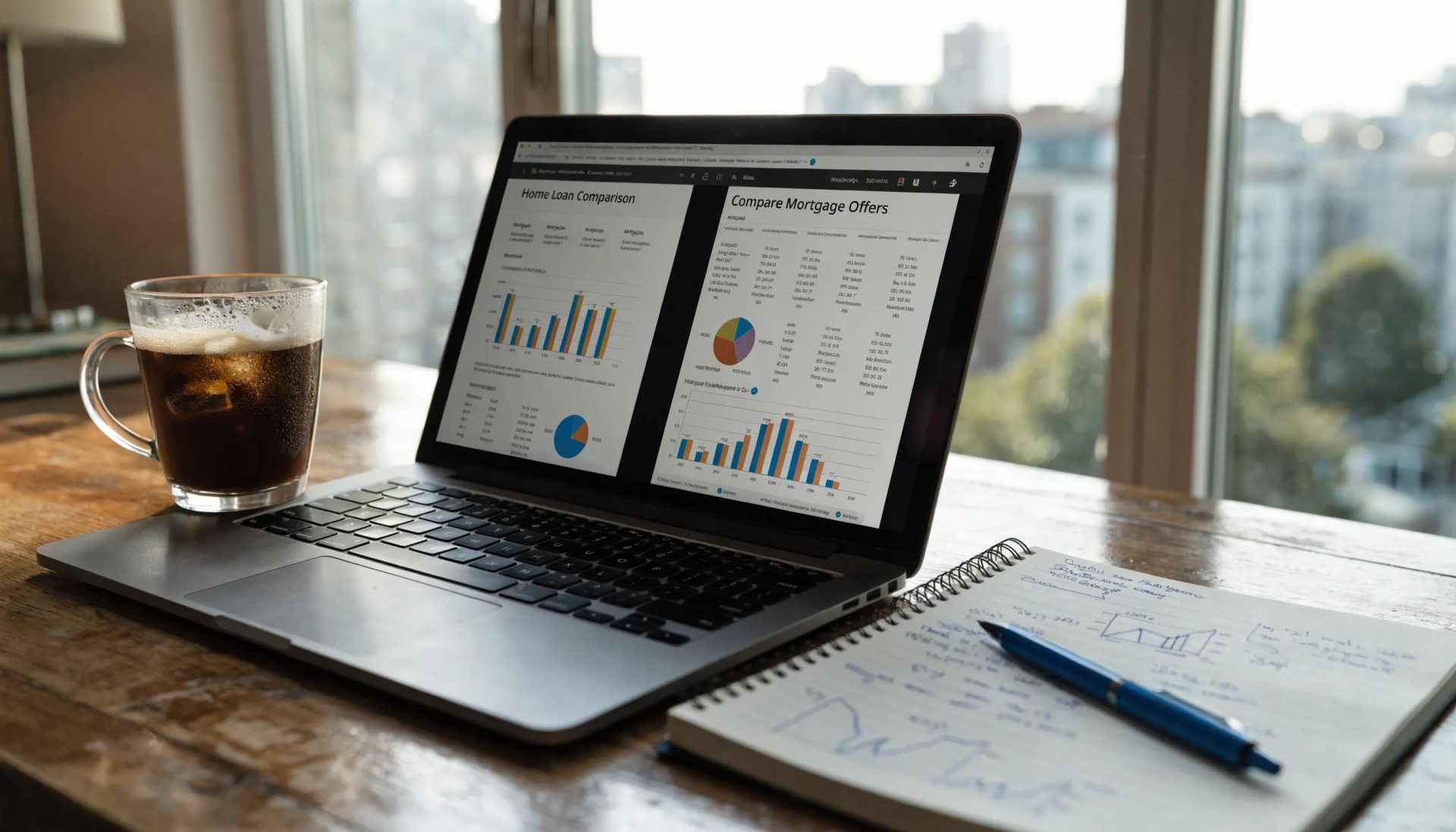 Close-up of home office workspace focused on mortgage options and financial planning