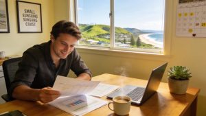 Small business owner in a cozy office reviewing financial documents on Sunshine Coast