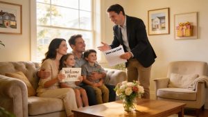 Warm living room scene showcasing a family receiving expert mortgage advice, evoking home financing joy in 2026
