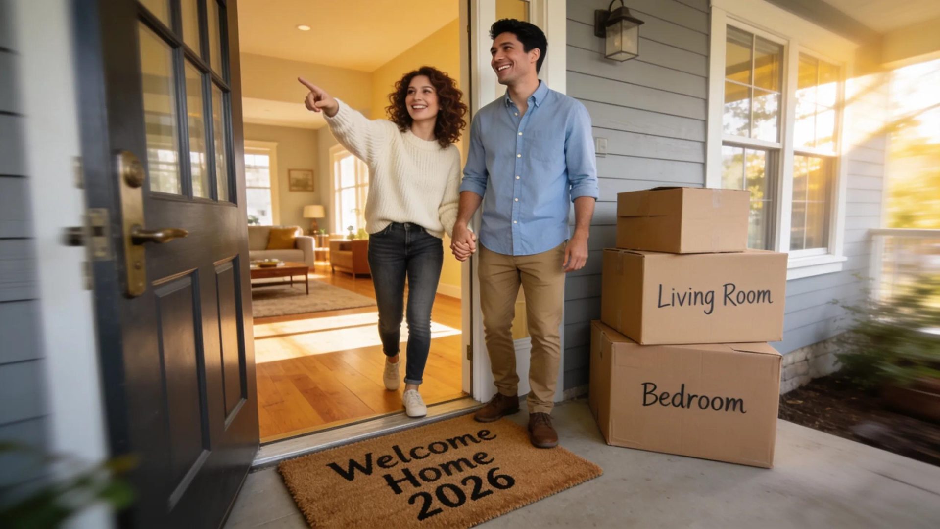 First-time homebuyer couple eagerly exploring a new home, representing excitement and opportunities in the Sunshine Coast market