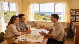 Local mortgage broker assisting first-time homebuyers in a cozy office setting in Buderim