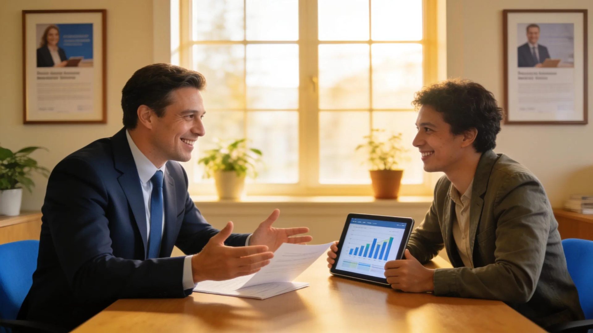 Local finance advisor assisting a small business owner with loan options in a bright office