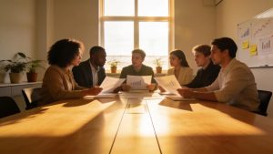 Business professionals in a modern office setting discussing commercial loans, emphasizing teamwork and finance