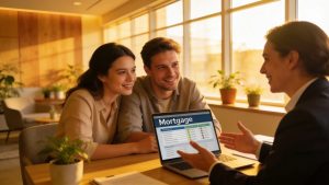 Young couple consulting with mortgage broker in a sunny office discussing home loan options