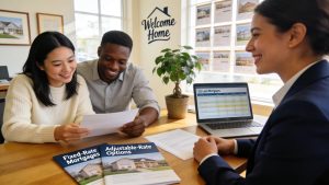 Friendly mortgage broker assisting a couple in a sunny office discussing home loan options