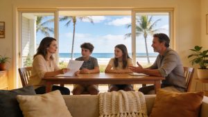 Family at home discussing refinancing options with a sunny Sunshine Coast view